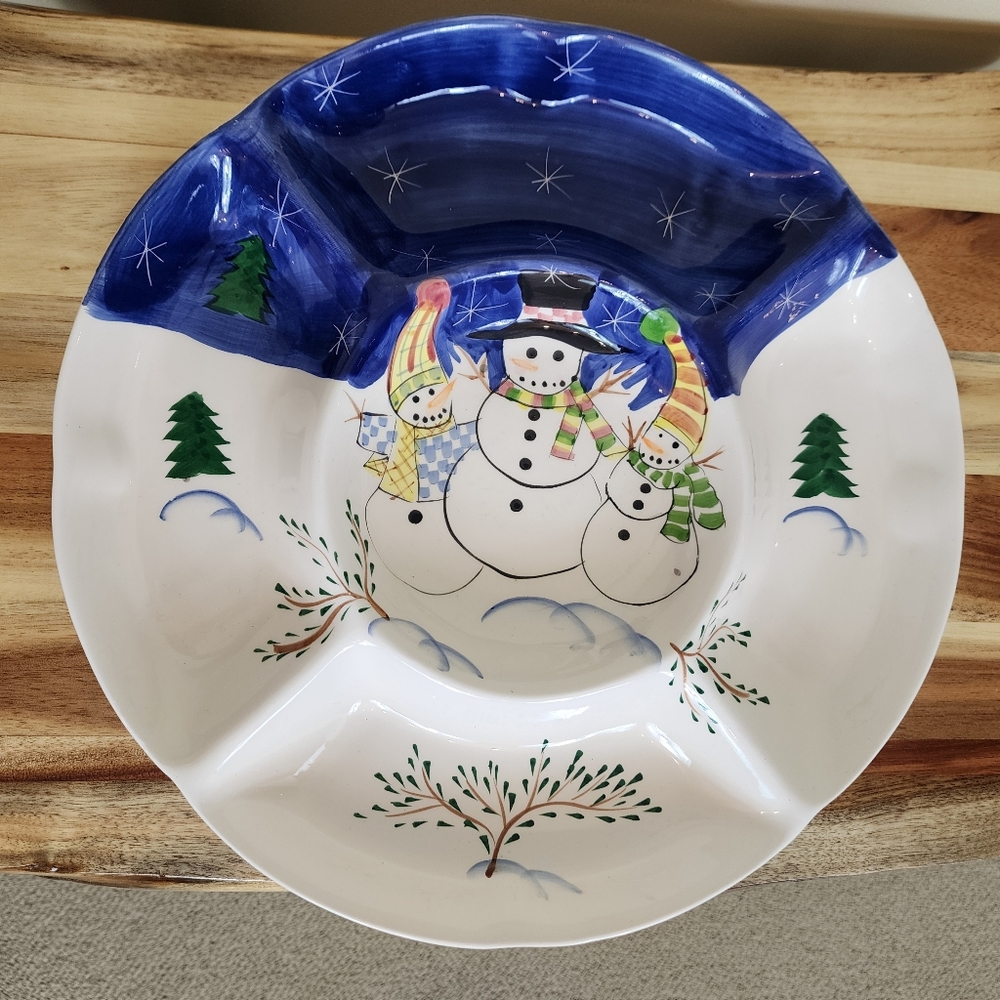 Hand Painted Ceramic Christmas Chip N' Dip Snowman Serving Dish
